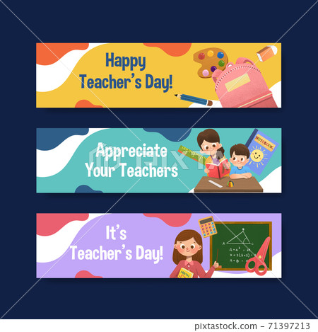Banner template with teacher's day concept design for advertise and marketing watercolor vector illustration 71397213