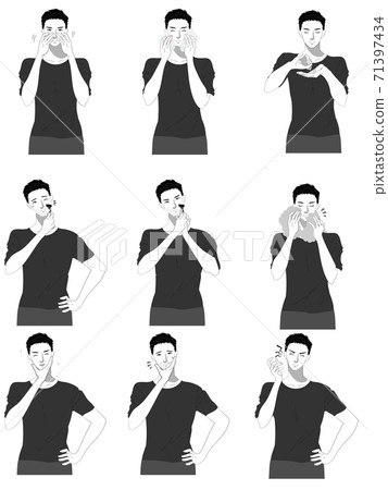 Illustration set of young men doing skin care black and white 71397434