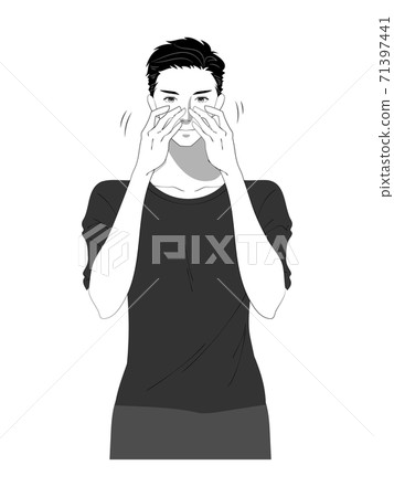 一個年輕的男人，做護膚黑色和白色的插圖 71397441