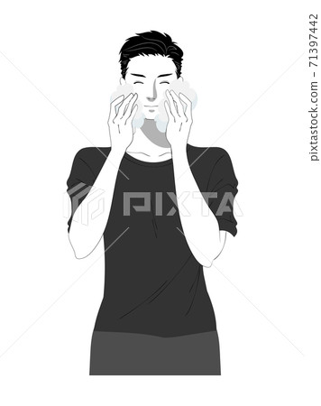 一個年輕的男人，做護膚黑色和白色的插圖 71397442