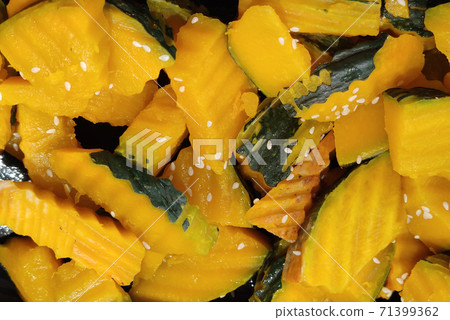 Homemade freshness organic sweet baked sliced Pumpkins topping with sesame and herbs, advertisement food backgrounds Homemade freshness organic sweet baked sliced Pumpkins topping with sesame and herbs, advertisement food backgrounds 71399362