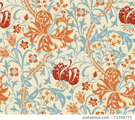 Vintage floral seamless pattern with big flowers, lily and foliage on light background. Vector illustration. 71399775