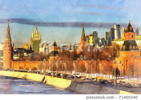 Cityscape with Kremlin and Moskva river colorful painting looks like picture 71400340