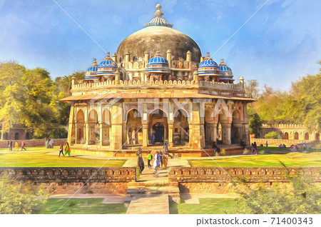 Colorful painting of Isa Khan Niazi Tomb, Delhi, India 71400343