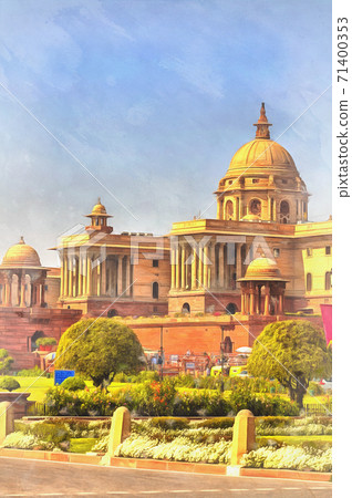 Colorful painting of Government offices, Secretariat Building, 1930s, New Delhi, India 71400353