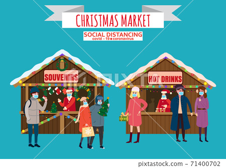 Christmas Market holiday fairs or festive on city square. In conditions of the COVID 2019 pandemic sellers in medical masks, Social distancing. People walk and buy between canopy, stalls souvenirs hot Christmas Market holiday fairs or festive on city square. In conditions of the COVID 2019 pandemic sellers in medical masks, Social distancing. People walk and buy between canopy, stalls souvenirs hot 71400702