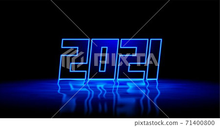 2021 New Year blue neon sign with shiny 3D digits and realistic reflection on wet floor. 2021 New Years Eve party or event invitation card emblem or cover. 2021 New Year blue neon sign with shiny 3D digits and realistic reflection on wet floor. 2021 New Years Eve party or event invitation card emblem or cover. 71400800