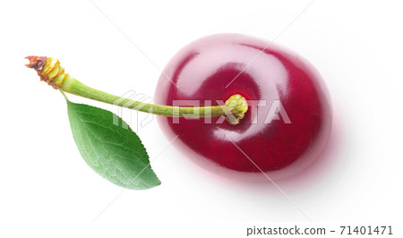 One isolated cherry with leaf top view 71401471