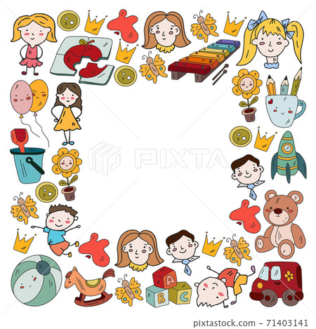 Kindergarten and toys. Little children game. Kids playground. Education, creativity, imagination. Kindergarten and toys. Little children game. Kids playground. Education, creativity, imagination. 71403141