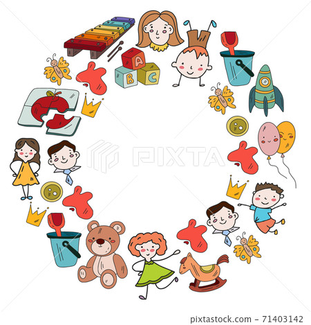 Kindergarten and toys. Little children game. Kids playground. Education, creativity, imagination. Kindergarten and toys. Little children game. Kids playground. Education, creativity, imagination. 71403142