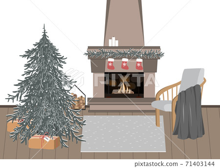 New Year celebration interior, vector illustration. Christmas festive atmosphere. Home coziness, Xmas celebration, winter holidays hygge. Christmas tree and fireplace in room 71403144