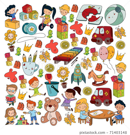 Children play with toys in the kindergarten. Kids playground. Education, creativity, imagination. 71403148