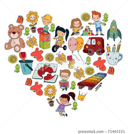 Children play with toys in the kindergarten. Kids playground. Education, creativity, imagination. Children play with toys in the kindergarten. Kids playground. Education, creativity, imagination. 71403151