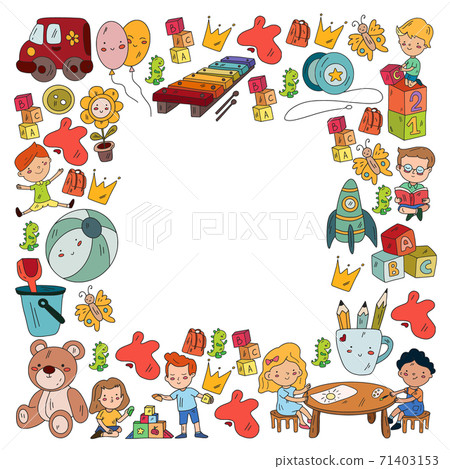 Children play with toys in the kindergarten. Kids playground. Education, creativity, imagination. Children play with toys in the kindergarten. Kids playground. Education, creativity, imagination. 71403153