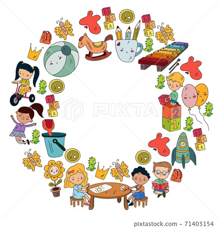 Children play with toys in the kindergarten. Kids playground. Education, creativity, imagination. 71403154