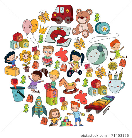 Children play with toys in the kindergarten. Kids playground. Education, creativity, imagination. Children play with toys in the kindergarten. Kids playground. Education, creativity, imagination. 71403156