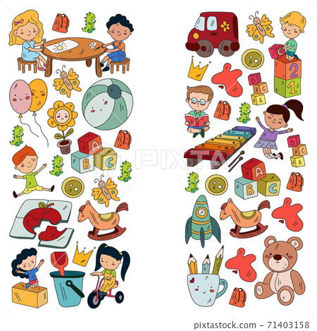 Children play with toys in the kindergarten. Kids playground. Education, creativity, imagination. Children play with toys in the kindergarten. Kids playground. Education, creativity, imagination. 71403158