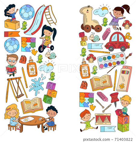 Children play with toys in the kindergarten. Kids playground. Education, creativity, imagination. Children play with toys in the kindergarten. Kids playground. Education, creativity, imagination. 71403822