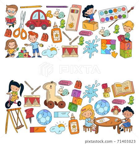 Children play with toys in the kindergarten. Kids playground. Education, creativity, imagination. Children play with toys in the kindergarten. Kids playground. Education, creativity, imagination. 71403823