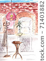 Watercolor sketch of Cafe interior. Hand drawn illustration. 71403882