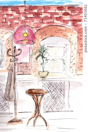 Watercolor sketch of Cafe interior. Hand drawn illustration. 71403882
