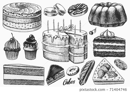 Cakes and cream tarts, fruit desserts and muffins. Chocolate Donuts, Sweet Food. Hand drawn pastries Cakes and cream tarts, fruit desserts and muffins. Chocolate Donuts, Sweet Food. Hand drawn pastries 71404746