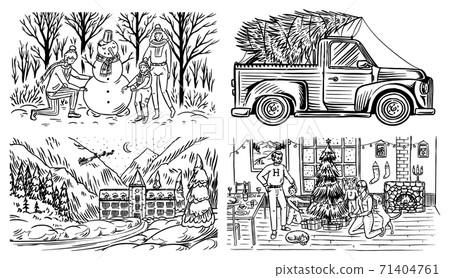Winter landscape with mountains and snow. Car with a Christmas tree. The family makes a snowman Winter landscape with mountains and snow. Car with a Christmas tree. The family makes a snowman 71404761