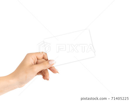 Woman hand card. Hand holding blank business paper card isolated on white background. Layout and mockup for design, place for text, copy space. Woman hand card. Hand holding blank business paper card isolated on white background. Layout and mockup for design, place for text, copy space. 71405225