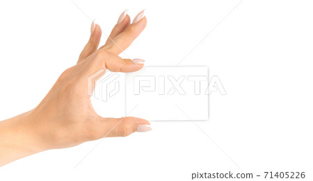 Business card mockup. Hand holding blank business paper card isolated on white background. Banner with copy space. Finger pointing. Business card mockup. Hand holding blank business paper card isolated on white background. Banner with copy space. Finger pointing. 71405226