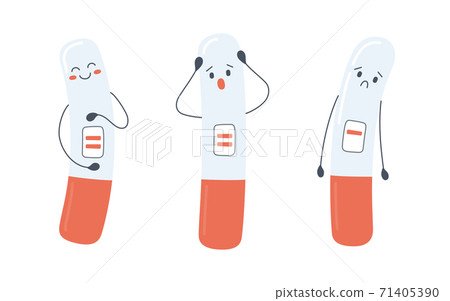 A set of pregnancy test characters with positive and negative results. Pregnancy planning and unexpected pregnancy. Vector illustration 71405390