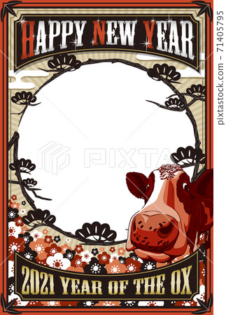 2021 "Cow and pine photo frame New Year's card" Happy New Year Handwritten space free 71405795
