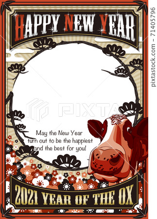 2021年“牛和松樹相框新年賀卡”,帶有英語註釋的新年快樂 2021年“牛和松樹相框新年賀卡”,帶有英語註釋的新年快樂 71405796