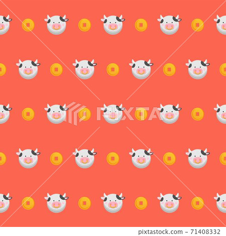 Chinese New Year, continuous seamless background of ox and coins, cartoon comic vector illustration 71408332