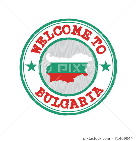 Vector stamp of welcome to Bulgaria with map outline of the nation in center. 71409044