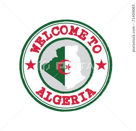 Vector stamp of welcome to Algeria with map outline of the nation in center. 71409065