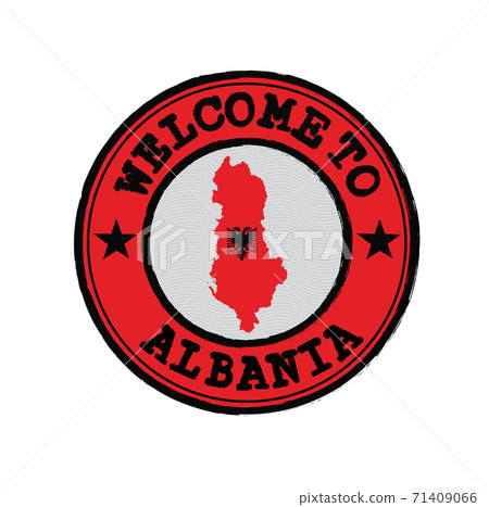 Vector stamp of welcome to Albania with map outline of the nation in center. 71409066