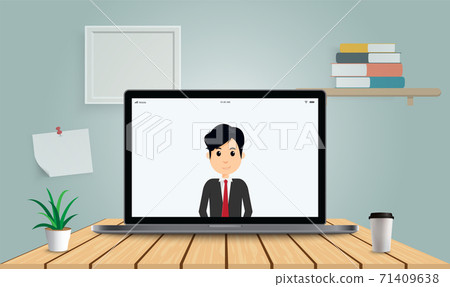 Stay home working from home. Business man talking by iVideo conference. Stream, web chatting, online meeting friends. Coronavirus, quarantine isolation. 71409638