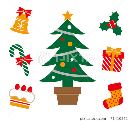 簡單可愛的圖標插圖集的聖誕樹和裝飾品/白色背景 71410251