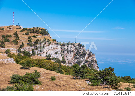 High rocky mountains on blue sky background. Green pine forest on the mountainside. 71411614