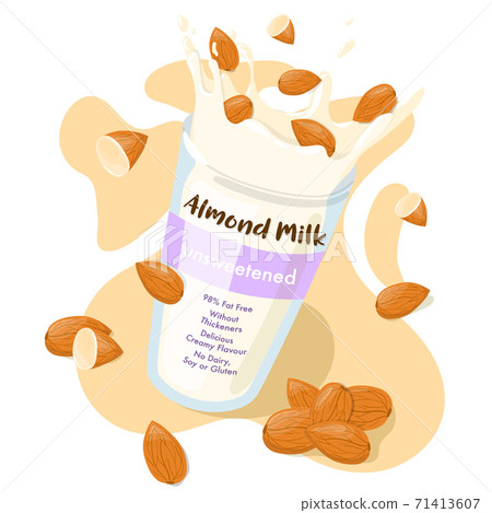 Almond Milk Splash with whole almonds in a glass vector ad flyer design. Healthy eating cartoon poster illustration isolated on white background 71413607
