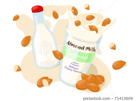 Almond Milk in a bottle and Splash with whole almonds in a glass vector Ad poster. Healthy eating cartoon illustration isolated on white background 71413609