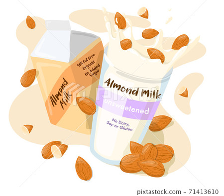Almond Milk in a pack and Splash with whole almonds in a glass vector Ad poster. Healthy eating cartoon illustration isolated on white background 71413610