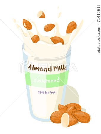 Almond Milk Splash with whole almonds in a glass vector package design. Healthy eating cartoon illustration isolated on white background 71413612