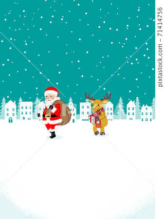 Santa Claus and reindeer carrying gifts Snowy cityscape A4 ratio Vertical 71414756