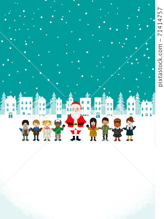 聖誕老人和跨國兒童下雪的城市景觀A4比例肖像 71414757