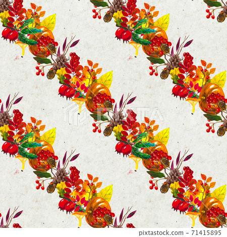 Autumn watercolor hand drawn seamless pattern with leaves mushrooms and pine cones Autumn watercolor hand drawn seamless pattern with leaves mushrooms and pine cones 71415895
