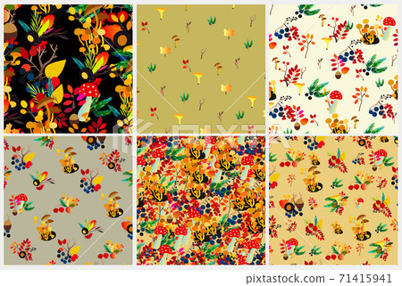Autumn vector seamless pattern set with berries, acorns, pine cone, mushrooms, branches and leaves. 71415941