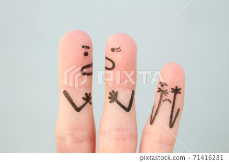 Fingers art of family during quarrel. Concept of parents quarrel, child was upset. Fingers art of family during quarrel. Concept of parents quarrel, child was upset. 71416281