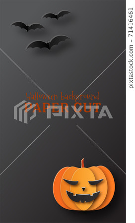 Halloween illustration, banner, poster. Design in the style of paper cut, art. Bat and pumpkins on a black background. Place for text 71416461