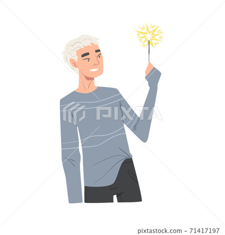 Woman Holding Burning Sparkler, Person in Joyful Mood Celebrating Christmas, New Year or Birthday Holiday Cartoon Style Vector Illustration 71417197